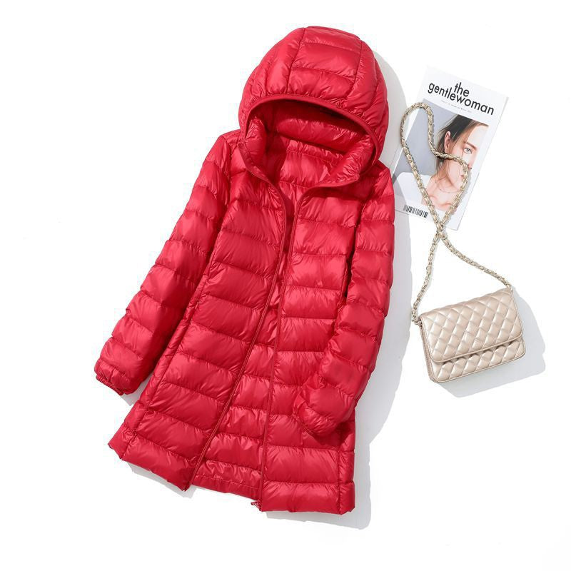 Hoody Long White Duck Down Coat Autumn Winter Portable Hooded Puffer Down Jacket Women Casual Double Zipper Windproof Thin Light