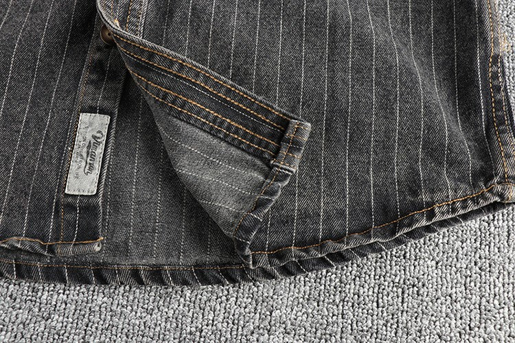 Heavy British retro black gray striped denim shirt for men new autumn end single cargo pocket shirt coat