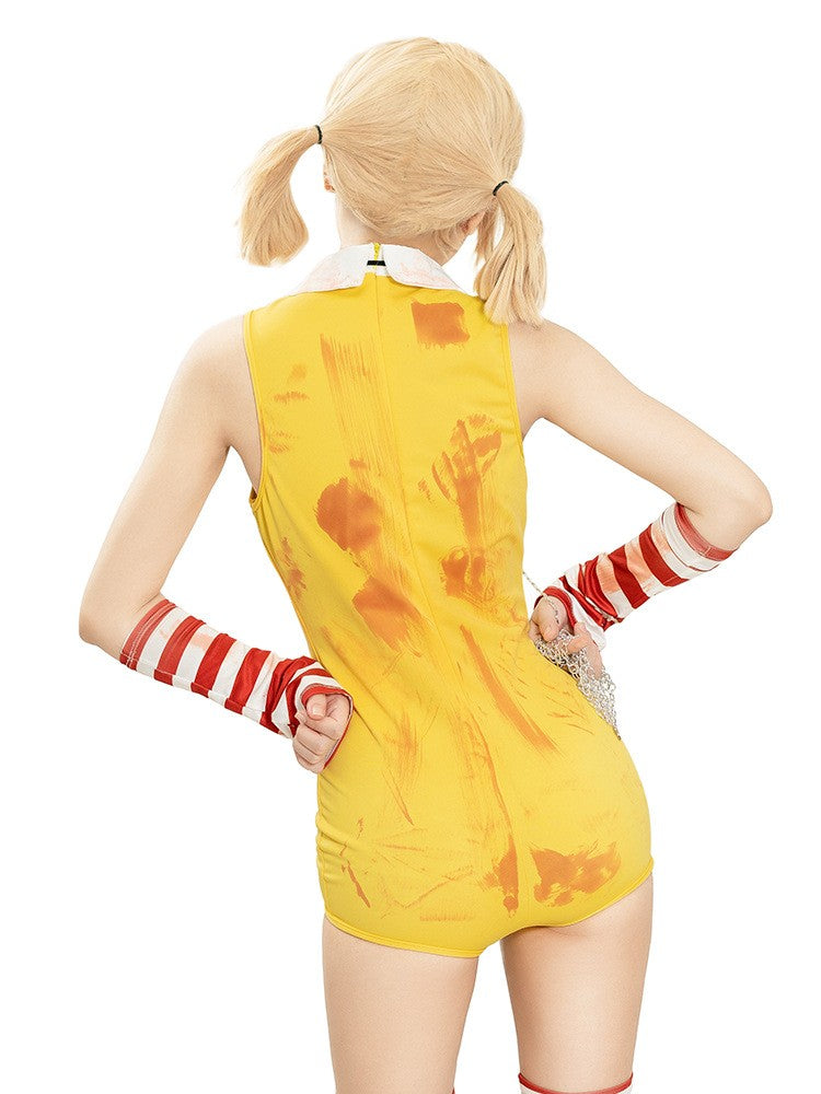 Women Halloween Funny Clown Girl Cosplay Jumpsuit Complete Accessory Set Ladies Party Roleplay Costume Cute Carnival Slim Outfit