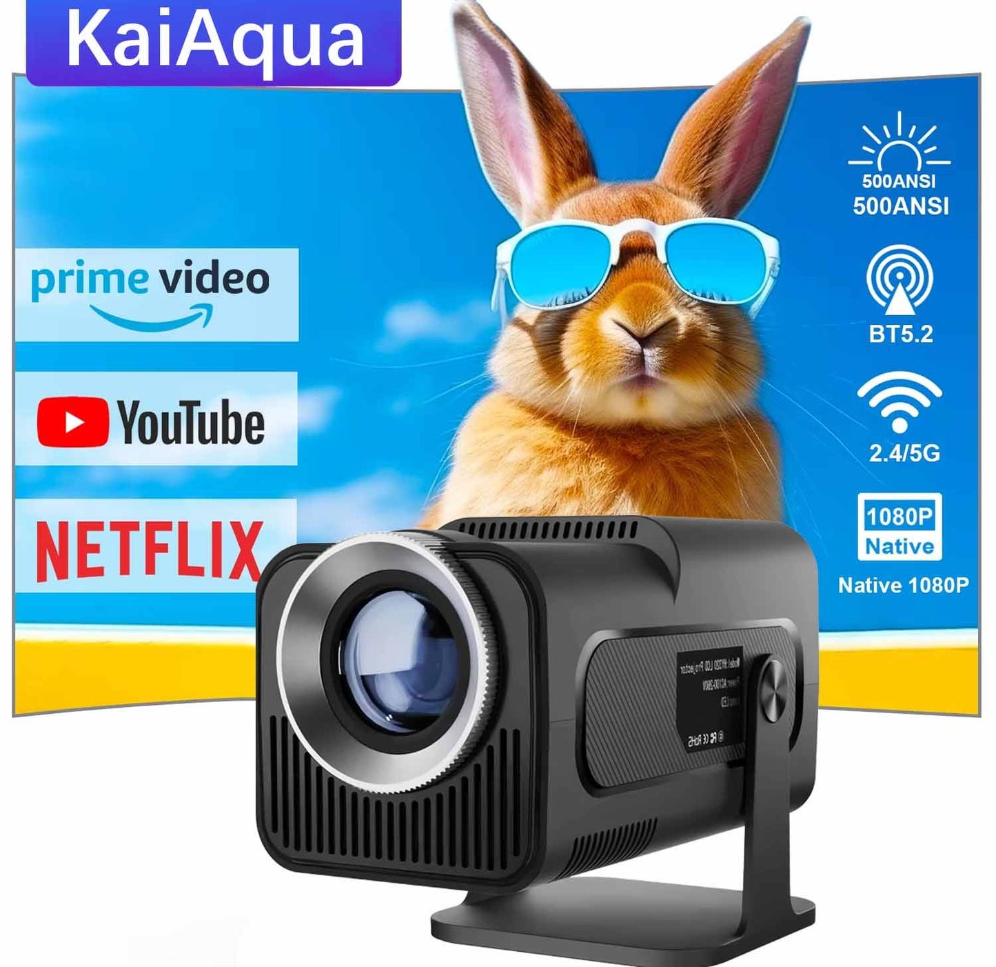 KaiAqua Mini Projetor HY320 NTV Android 13 com Amlogic S950D4 1080P 500 ANSI Lumens, WiFi Duplo, BT5.2 e Comando por Voz para Home Theater