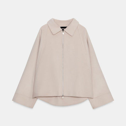 Woolen Zipper Loose Short Jacket Women Long Sleeve Lapel Solid 2025 Autumn Winter Commute Coat Street Office Warm Ladies Outwear