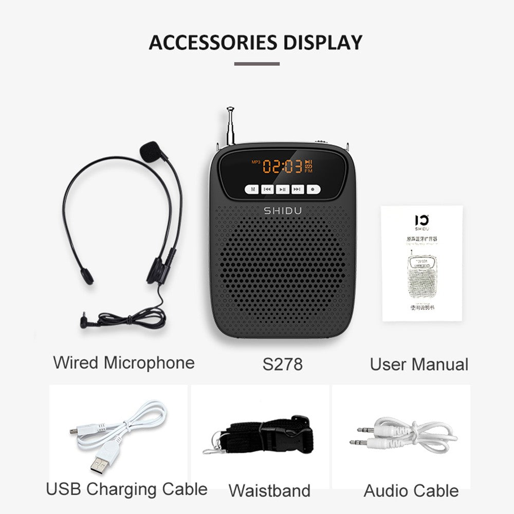 SHIDU 15W Rechargeable Portable Bluetooth Voice Amplifier for Teacher Wired Microphone FM Radio AUX Audio Recording Speaker S278