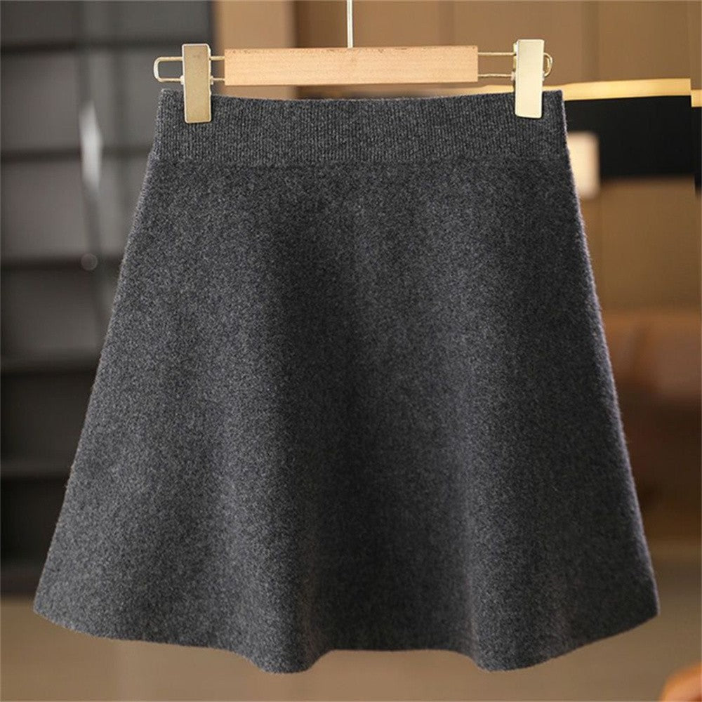 Women’s Wool Skirt Autumn Winter Elastic Waist Mini A-Line Cashmere Skirt Wool Knitted Above Knee Preppy Style Warm Short Skirts