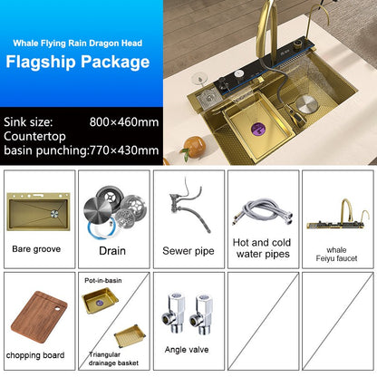 Stainless Steel Golden Kitchen Sink Multifunctional Waterfall Outlet Single Slot Piano Button Digital Display