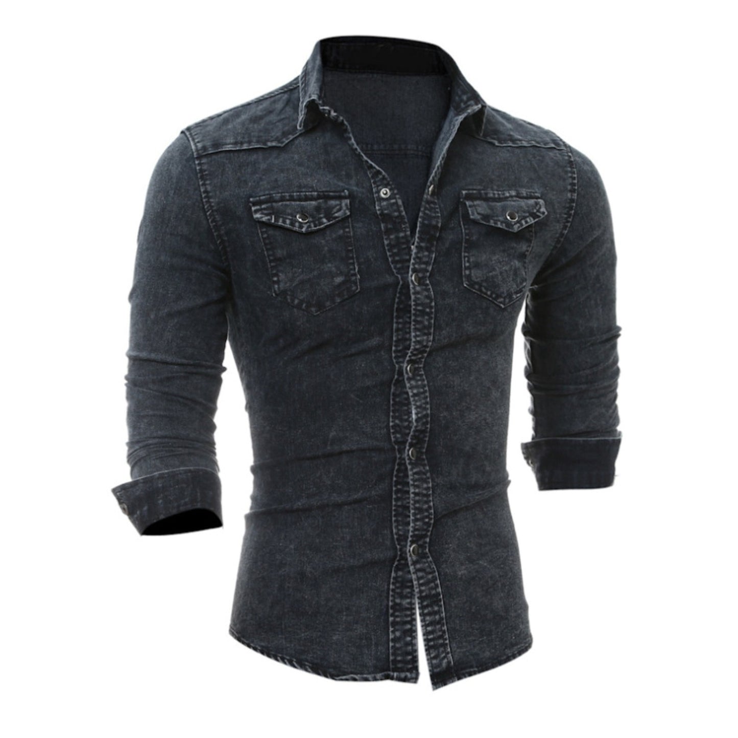 Men'S Autumn Fashion Clothing Casual Fashion Long Sleeve Lapel Shirts Solid Color Denim Washed Shirt Men'S Tops