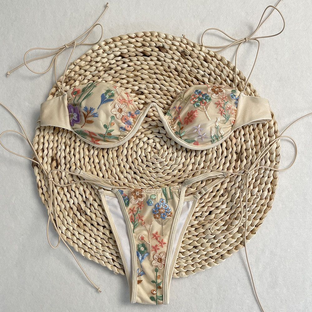 DEBAIOR 2025 Women Bikini Set Floral Embroidery Lingerie Set Women Sheer 2-Piece Boho Bra + Panty Underwear Set Intimates