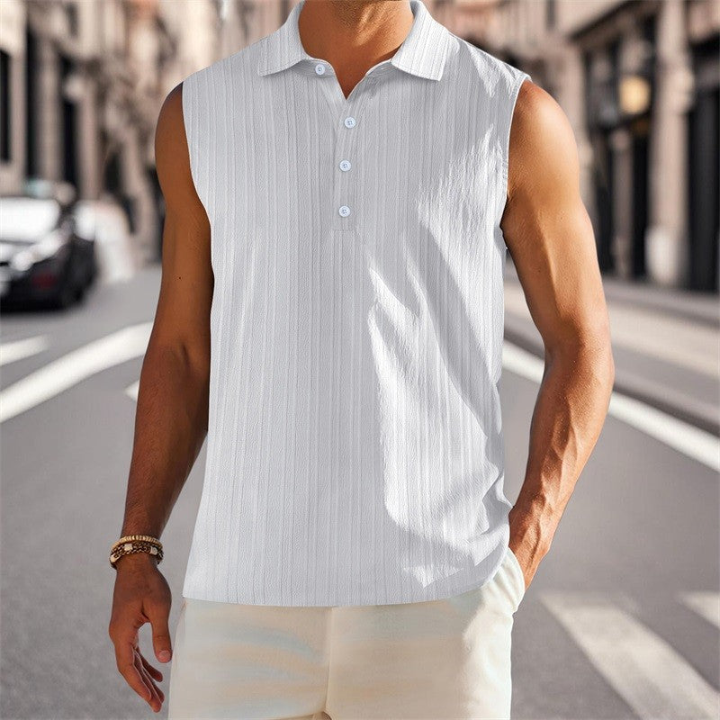 Men s Sleeveless Collared Tank Tops with Textured Stripes and Half Button-up Detail Solid Color Casual Shirts for Summer Wear