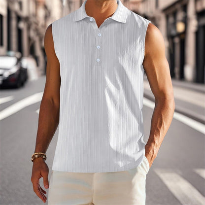 Men s Sleeveless Collared Tank Tops with Textured Stripes and Half Button-up Detail Solid Color Casual Shirts for Summer Wear