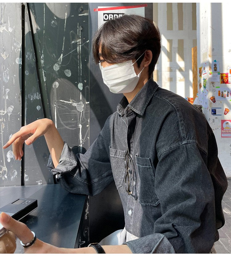 Spring Clothing Men's Denim Long-sleeved Pocket Shirt Casual Korean Turn down Button Streetwear Light Luxury Stylish 2025 New