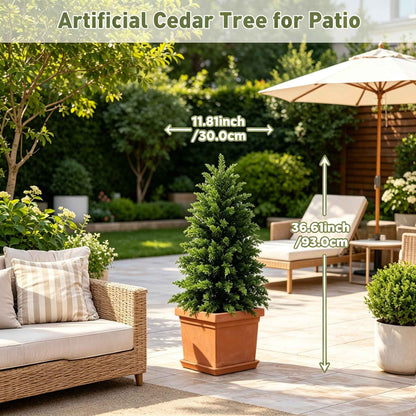 2/3/4/5/6FT Artificial Topiary Cedar Trees UV-Resistant Faux Evergreen Outdoor Indoor Plants Black Pot Faux Cedar Topiary Plants Christmas Trees for Front Porch Entryway & Patio Xmas Decor