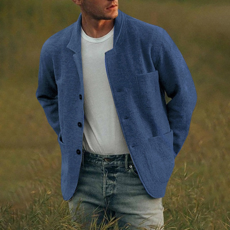 Men Woolen Coat Stand Collar Solid Color Windproof Autumn Winter Thicken Trench Coat Overcoat Business Windbreaker Streetwear