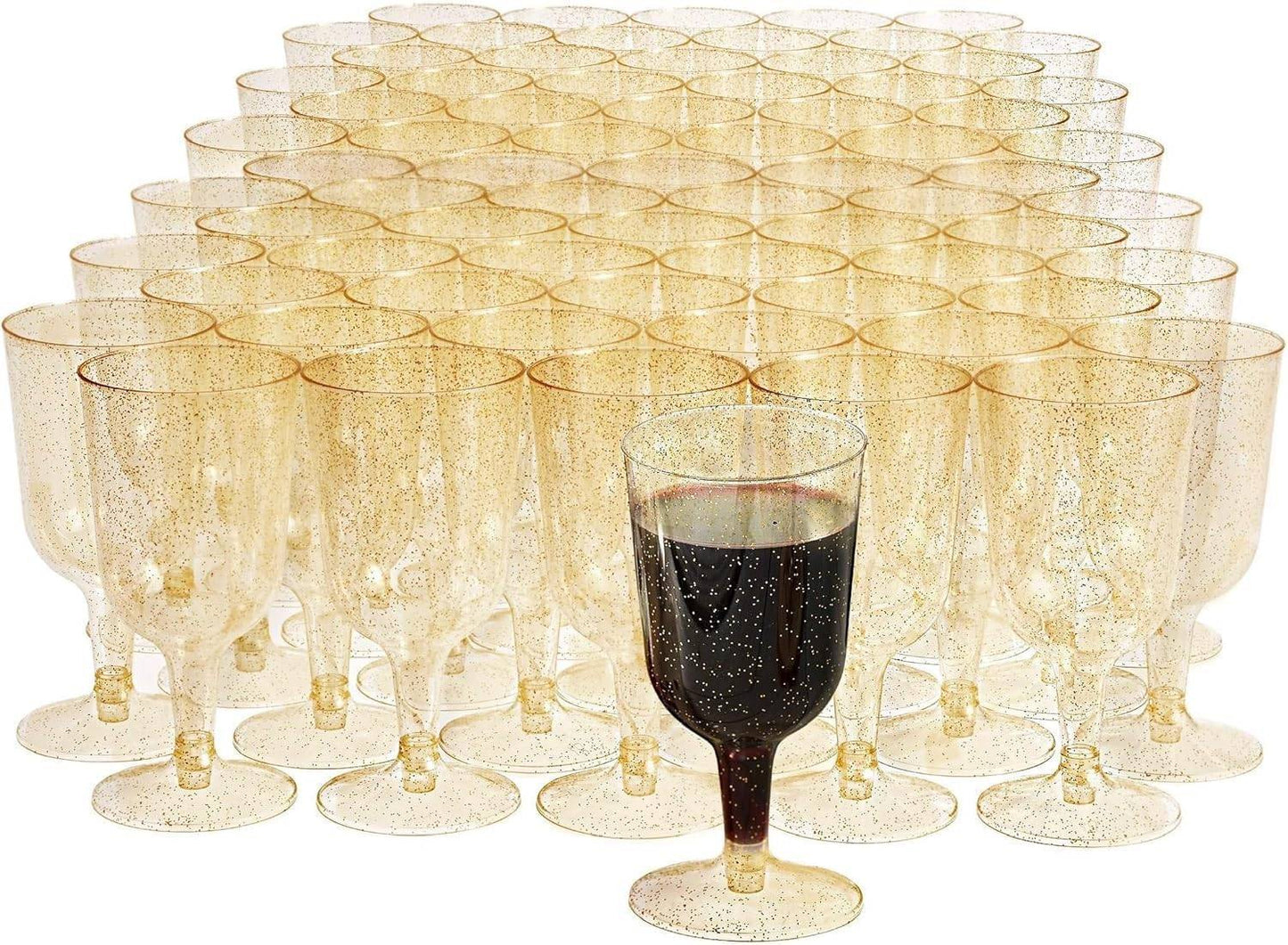 50 Taças de Vinho de Plástico com Glitter Dourado para Casamentos, Aniversários, Chá de Panela e Festas, 180ml - Resistentes e Reutilizáveis