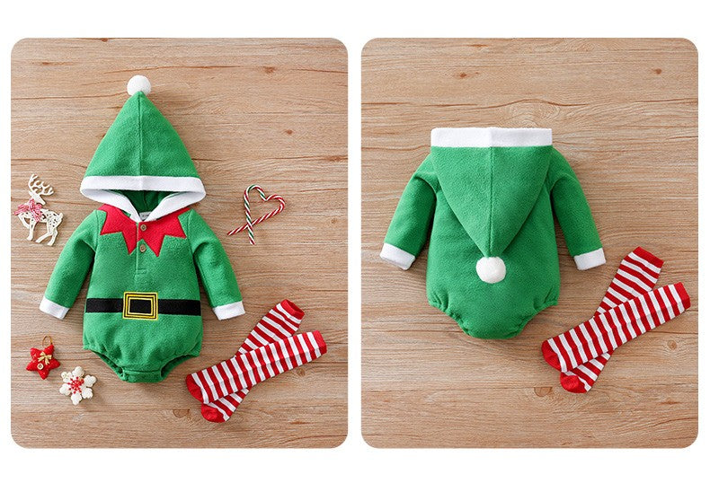 Christmas Newborn Clothes Cute Green Elf Soft 0-18 Boys And Girls Spring And Autumn Long Sleeved Baby Triangle Jumpsuit+Socks
