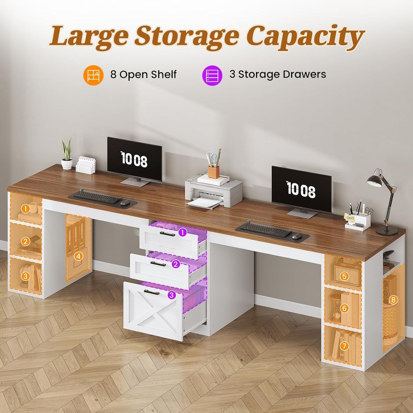 96.5" Computer Desk with Drawers,2 Person Home Office Desk,Gaming Double Desk with Storage Shelves, Long Two Person Writing Desk