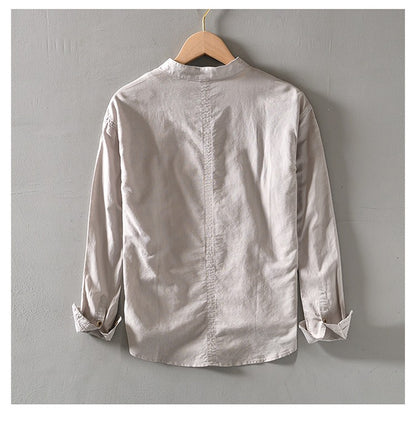 2024 Men's Linen Long-sleeved Shirt with Stand Collar, Youth Casual Loose Men's Cotton and Linen White Shirt.Beach Vacation Top