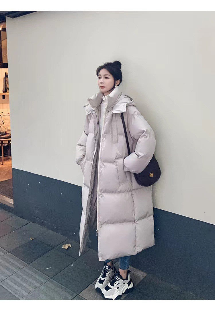 Long Thickened Down Cotton Bread Style Coat Women's Winter 2025 Outerwear Korean Loose Long Knee Length Solid Hooded Jacket