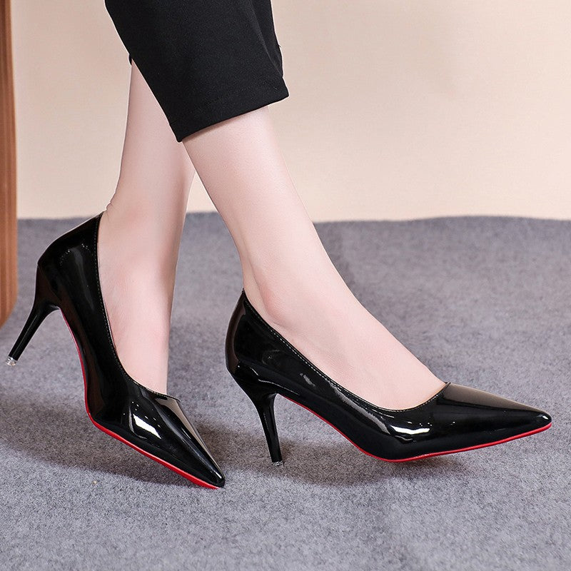 Sapatos de Salto Agulha Bico Fino de Couro Sintético Envernizado Sensuais, Sola Vermelha para Festa, Sapatos de Trabalho Pretos Clássicos para Meninas com Temperamento