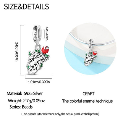 Heart & Organ Charm 925 Sterling Silver Red Rose Skull Dangle Pendant Dark Aesthetic Fit Bangle Bracelet Necklace DIY Jewelry