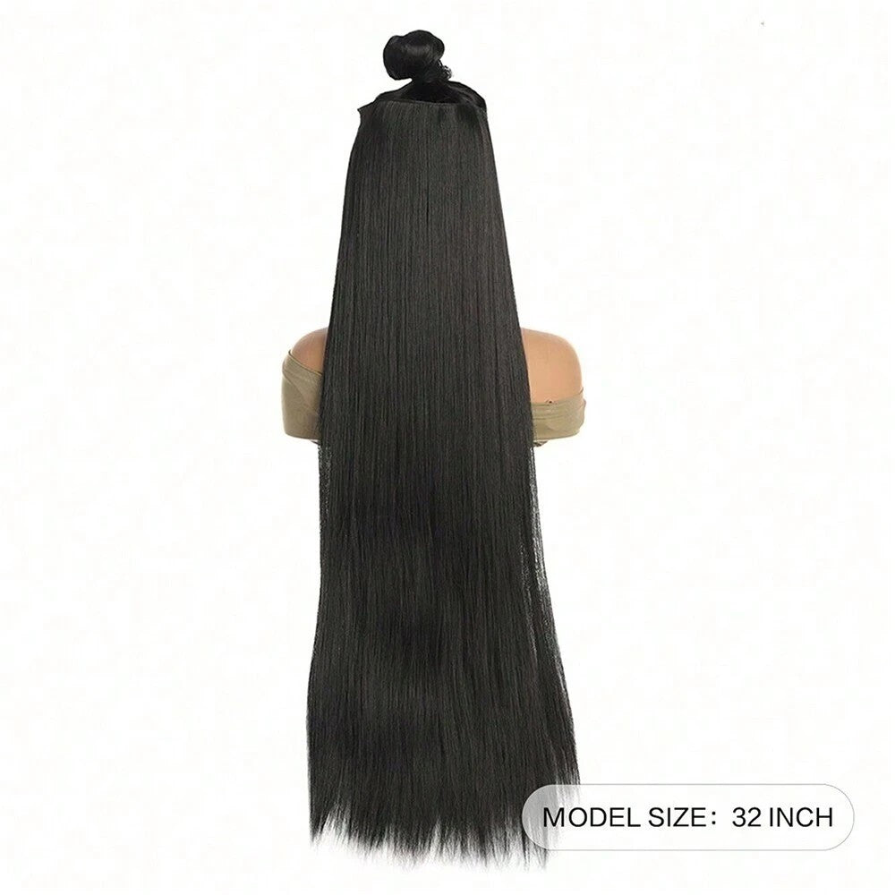 24 polegadas/32 polegadas/40 polegadas Cabelo Sintético Liso Comprido Aplique Tic-Tac Extensão de Cabelo Peça de Cabelo Natural Preta para Mulheres