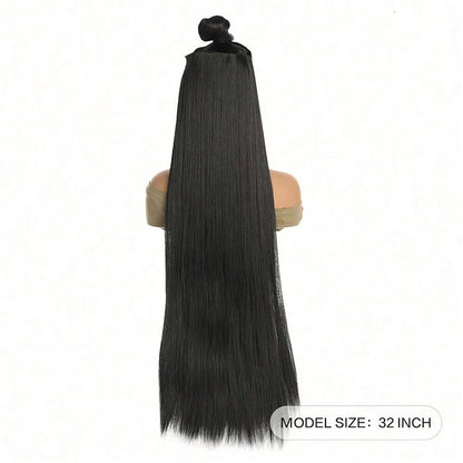 24 polegadas/32 polegadas/40 polegadas Cabelo Sintético Liso Comprido Aplique Tic-Tac Extensão de Cabelo Peça de Cabelo Natural Preta para Mulheres