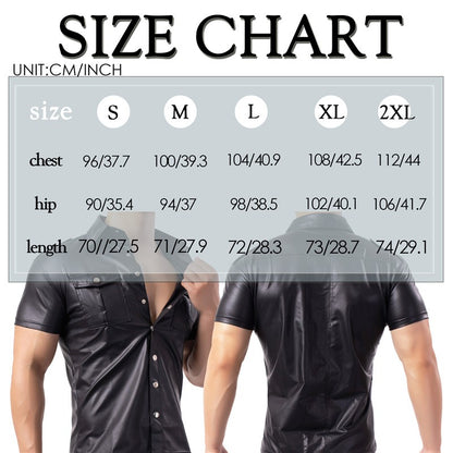 Mens Shirts Faux Leather T Shirts Nightclub Stage Costumes Short Sleeve Button Up Shirt PU Leather Latex Wetlook Dance Clubwear