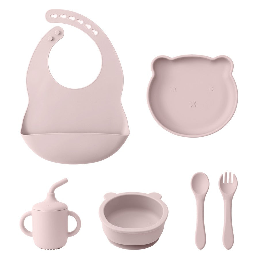 Color Kids Silicone Baby Feeding Set Adjustable Bib Cartoon Bear Shape Sucker Bowl Plate Portable Cup Utensils Tableware Sets