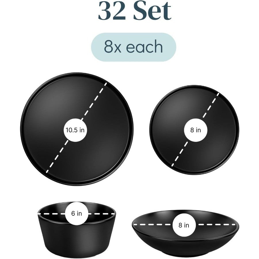 Matte black stoneware dinnerware set for 8 persons with 32 pieces Ideal for everyday dining and special occasions Includes plat