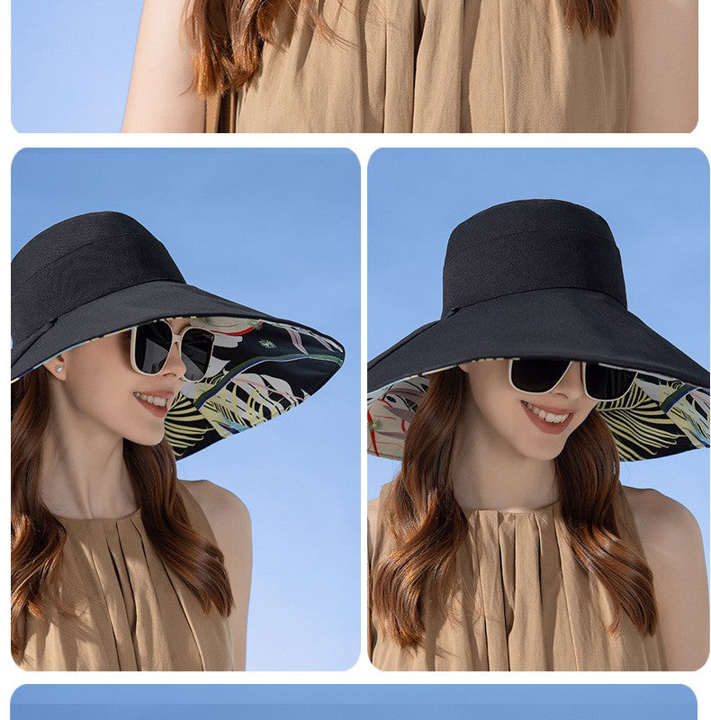 Chapéu Feminino de Verão Dupla Face com Aba Larga Proteção Solar Flor Praia Elegante Ao Ar Livre Protetor Solar Atacado Novo