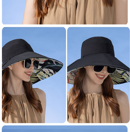 Chapéu Feminino de Verão Dupla Face com Aba Larga Proteção Solar Flor Praia Elegante Ao Ar Livre Protetor Solar Atacado Novo
