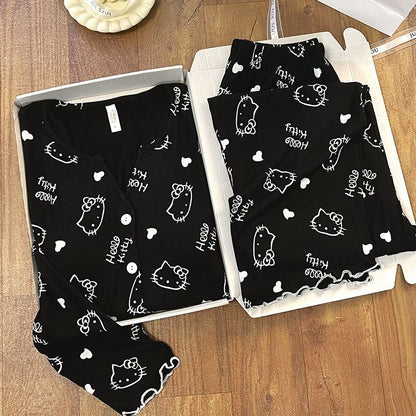 New Women Hello Kitty Pajamas Set Long Sleeve V-Neck Cardigan and Pants Cute Cartoon Homewear Sleepwear Loungewear Spring Autumn