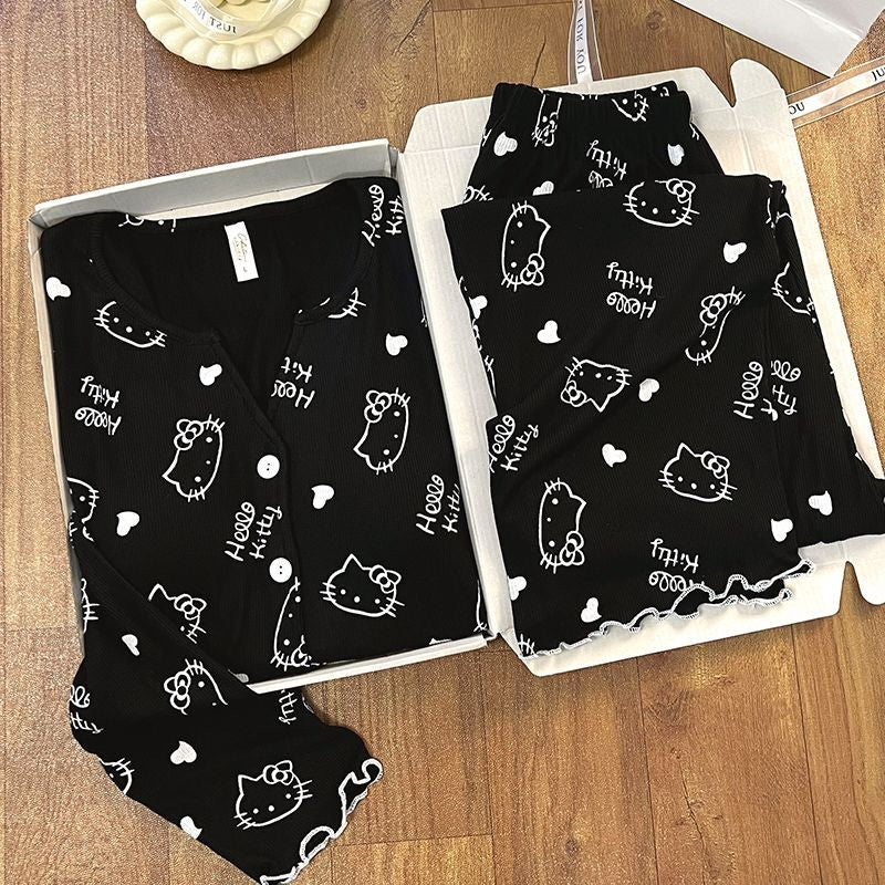 New Women Hello Kitty Pajamas Set Long Sleeve V-Neck Cardigan and Pants Cute Cartoon Homewear Sleepwear Loungewear Spring Autumn