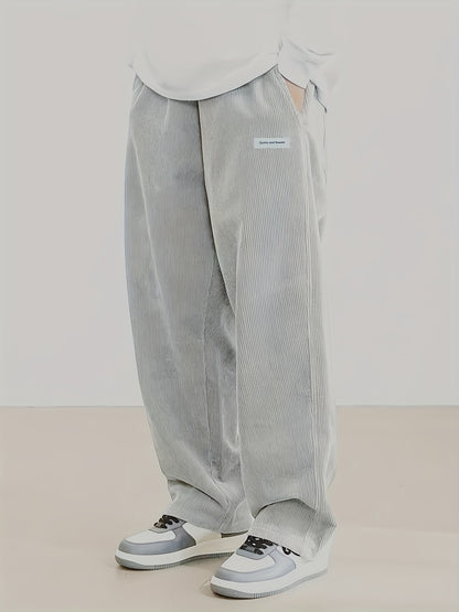 Calças masculinas de veludo cotelê outono, casuais, folgadas, retas, com elástico na cintura e cordão, para uso externo e streetwear