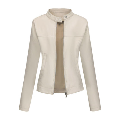 Black Women's Fitted Leather Jacket with Front Zipper & Side Pockets?, Available in Brown, Navy Blue, and Beige.