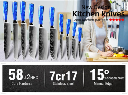 Faca de Cozinha Japonesa Chef 1-10 Peças Conjunto 7CR17 Aço Inoxidável 440C Desenho Damasco Cutelo de Carne Fatiador Santoku Ferramentas de Cozinha