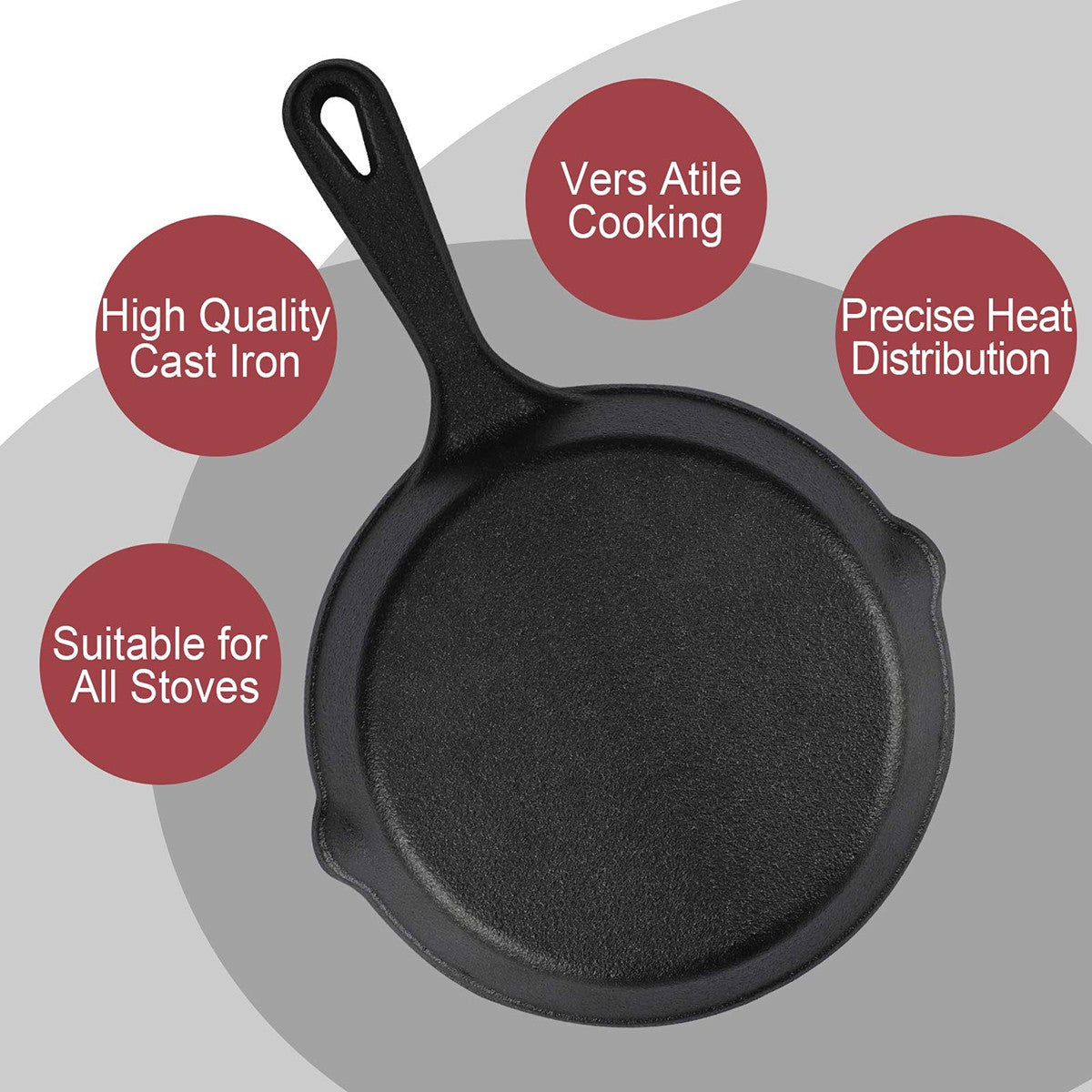 Frigideira de Ferro Fundido com Bico Antigotejamento Pré-Temperada, Utensílio de Cozinha Seguro para Forno, Acampamento, Uso Interno e Externo