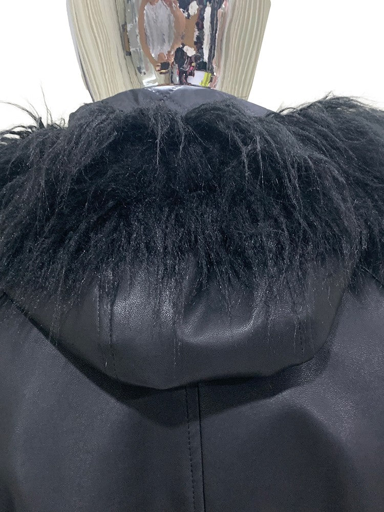 Mauroicardi Autumn Winter Short Oversized Black Warm Pu Leather Jacket Men with Faux Fur Trim Hood Loose Casual Korean Fashion