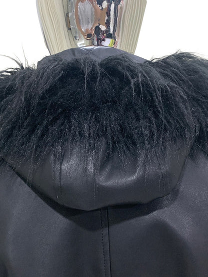 Mauroicardi Autumn Winter Short Oversized Black Warm Pu Leather Jacket Men with Faux Fur Trim Hood Loose Casual Korean Fashion