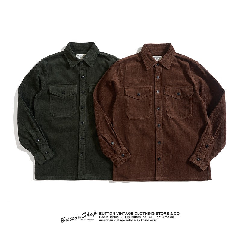 Autumn and Winter New American Retro Thick Corduroy Solid Color Cargo Shirt Men's Pure Cotton Long-sleeved Pocket Casual Blouses