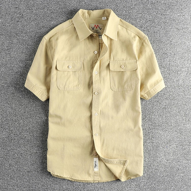 2024 Summer New American Retro Short Sleeve Lapel Cargo Shirt Men's Simple 100% Cotton Washed Double Pockets Casual Blouses