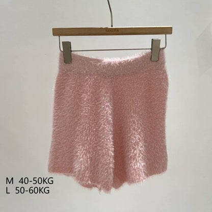 Women's Autumn Winter Faux Mink Hair Shorts Sweet Soft High Waist Slim Hairy Elasticity Shorts Fashion Knitting Homewear Shorts