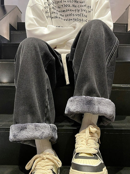 Men's Winter Jeans Fleece-Lined Brushed Thick Warm Denim Pants Korean Style Straight Fit Insulated Trousers Asians Size M-3XL