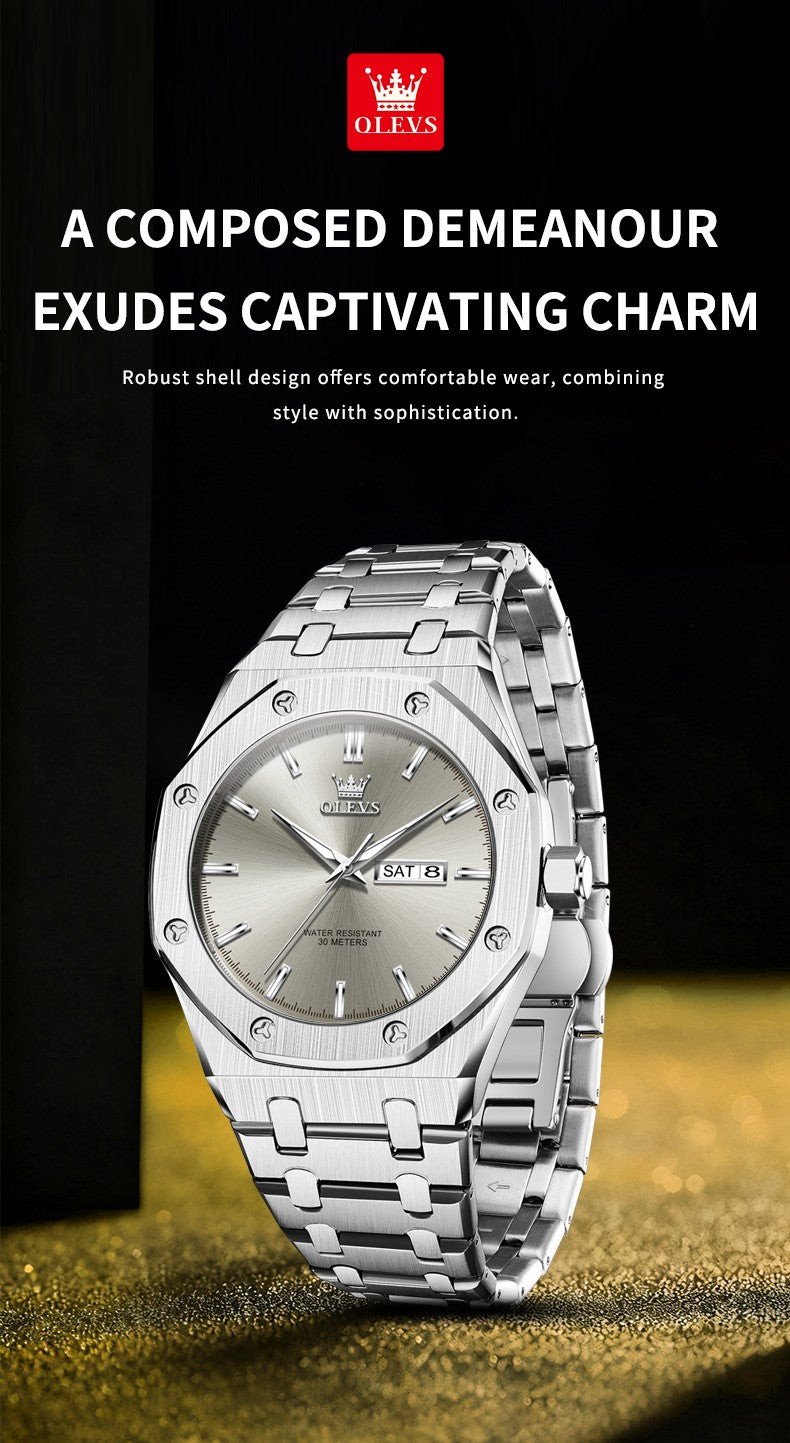 OLEVS Men's Watches Luxury Fashion Fine Steel Original Quartz Wristwatch for Man Waterproof Luminous Date Week Trend Dress 3726