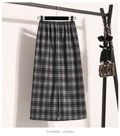 Plus Size Skirt Women 2024 Autumn Winter High Elastic Waist A Line Gray Or Khaki Plaid Skirt Korean Casual Long Skirts Womens