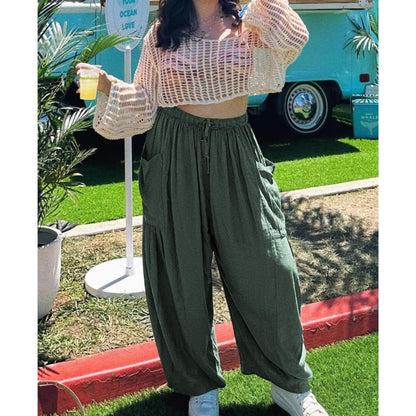 Women's Stretched-waist Pleated High-waisted Wide-leg Trousers Spring Autumn Fashion Cotton Linen Pocket Casual Trousers Woman