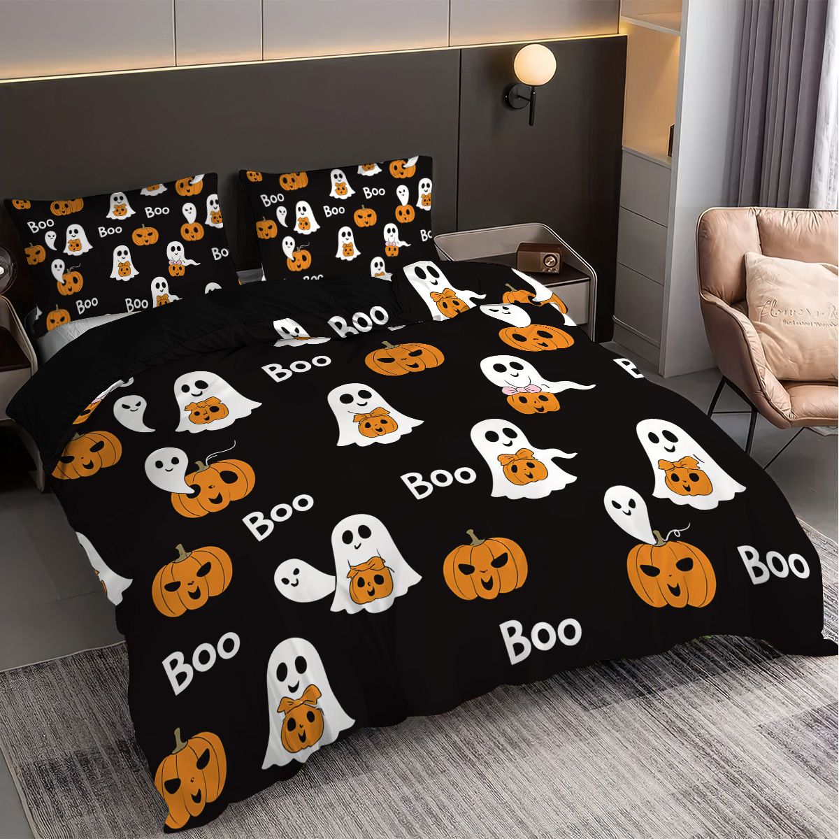 3 capas de edredom fofas de fantasma de Halloween, 1 capa de edredom + 2 fronhas, sem enchimento. Conjunto de cama macio e confortável, lavável à máquina