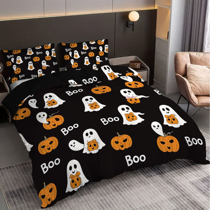 3 capas de edredom fofas de fantasma de Halloween, 1 capa de edredom + 2 fronhas, sem enchimento. Conjunto de cama macio e confortável, lavável à máquina