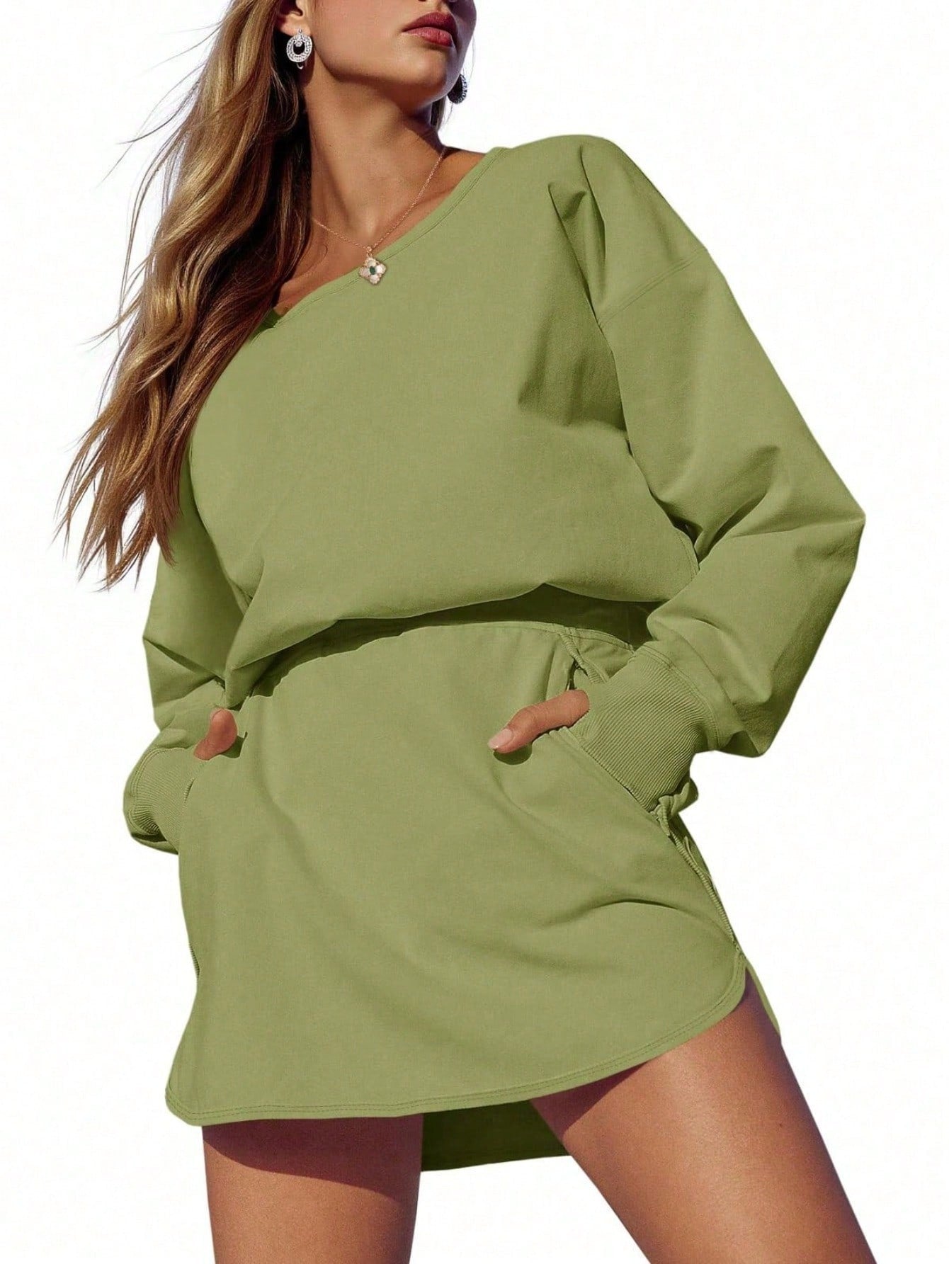 Sexy Women Long Sleeve Active Dress Mid-Calf Elastic Waist Pleated Backless Keyhole Workout Dress With Built In Shorts