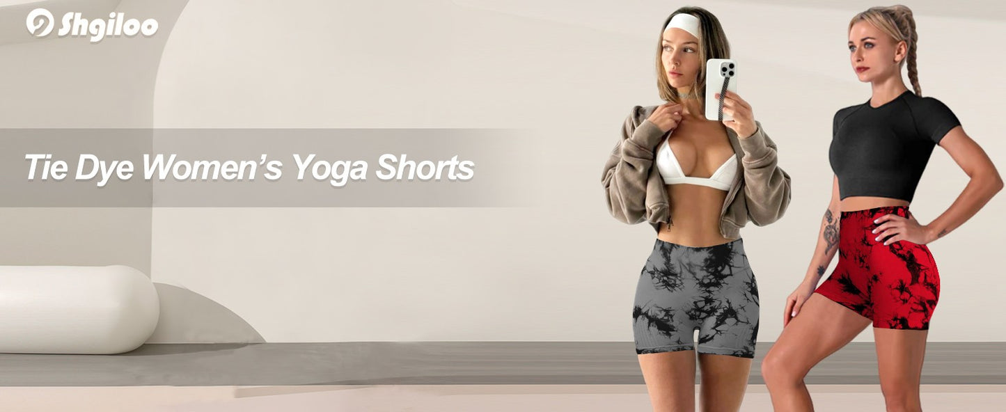 2pcs Women's High-Waist Tie-Dye Yoga Shorts - Seamless, Booty Lifting, Stretchy Nylon & Spandex Blend, Red & Grey