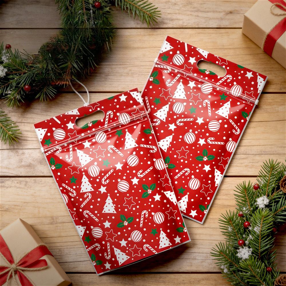 50Pcs Resealable Christmas Zip Lock Bags 50PCS Clear Christmas Plastic Sealing Bags with Handles for Xmas Holiday Party Candy