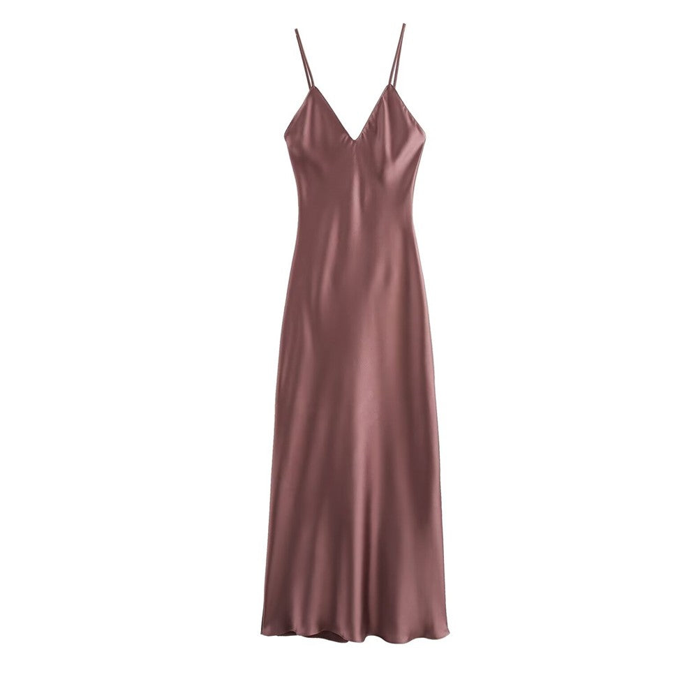 TRZA-Women's Satin Midi Dress, V Neck, Thin Straps, Backless, Female Dresses, Se